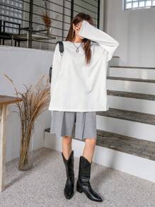 DAZY Solid Drop Shoulder Split Hem Tee,Fall Clothes Long Sleeve Women Tops - White - View 5