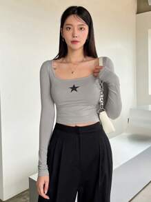 DAZY Star Print Scoop Neck Crop Tee Y2k Festival