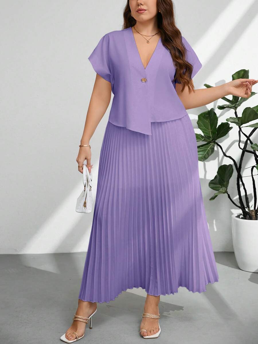 Firerie طقم قياس كبير قطعتين - ملابس علوية بأكمام قصيرة ذات لون واحد وتنورة على شكل حرف A