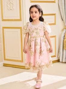 SHEIN Jeune fille robe en maille rose satin avec broderie dorée, élégante et féminine, convient pour les fêtes, les rassemblements, les festivités - Blanc - Voir 5