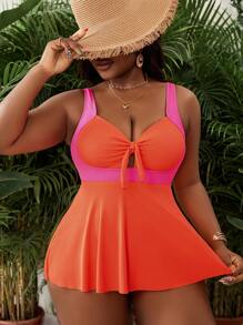 SHEIN Swim Curve Plus Size Women Fashion Casual Vacation Colorblock Hollow Tankini Swimwear Set