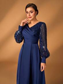 Serin Vestido elegante y lujoso para mujer, de color champagne, con lentejuelas brillantes de satén, mangas farol, cuello cruzado en V, plisado y dobladillo evasé, adecuado para que las madres asistan a bodas, fiestas y eventos de noche