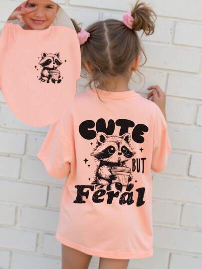 SHEIN Explorewe 青少年女孩休闲时尚舒适可爱浣熊喝珍珠奶茶字母和动物图案短袖 T 恤，春夏季