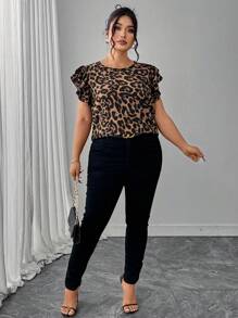 SHEIN Clasi 大码豹纹荷叶边下摆豹纹衬衫、女式衬衫和衬衫、女式工作衬衫、豹纹上衣、女士度假装、女士夏季装、女士商务休闲装、女士外出上衣、女士办公装、女士春季装、节日 - 棕色 - 查看 3