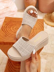 Styleloop Women's Bohemian Style Canvas Wedge Lace-Up Sandals - Apricot - View 1