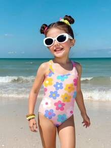 SHEIN Leap Crew Young Girls' Casual Minimalist Camisole One-Piece Swimsuit, Suitable For Summer - Multicolor - View 3