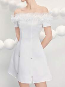 Poshira Vestido mini de mujer con hombros descubiertos y decoración de moño, vestido apropiado para invitada de boda, fiesta de noche y cumpleaños. Vestidos mini elegantes para mujer, vestidos de fiesta, vestidos lindos para mujer, vestido de fiesta para damas, vestidos de cumpleaños para mujer, vestidos de cóctel para mujer, vestido de graduación