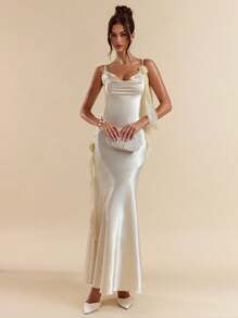 SHEIN BAE Đầm dự tiệc thanh lịch hở lưng gợi cảm 3D hoa ruy băng mùa hè cho nữ - Màu be - Xem 4