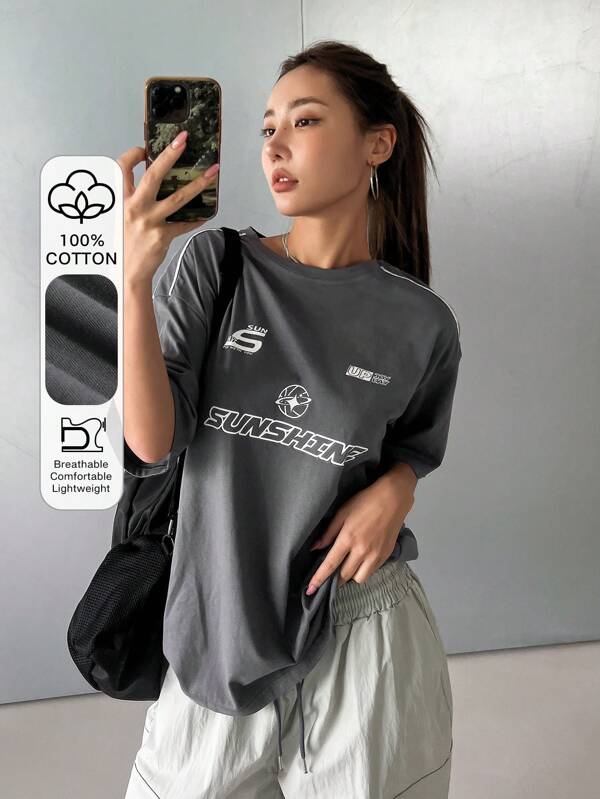 DAZY Tricou supradimensionat din jerseu cu umeri căzuți și grafică cu litere, streetwear