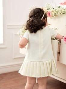 SHEIN Baby Girls Summer Cute Apricot Bowknot Pleated Dress - Apricot - View 2