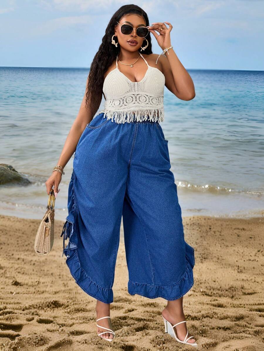 大码波西米亚花卉印花阔腿牛仔裤 - 中等水洗藍 - 查看 1