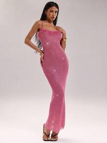 SHEIN BAE Sexy Damen Glitzer Fransen Ausschnitt-Ausschnitt lang anliegendes Bodycon Strickkleid