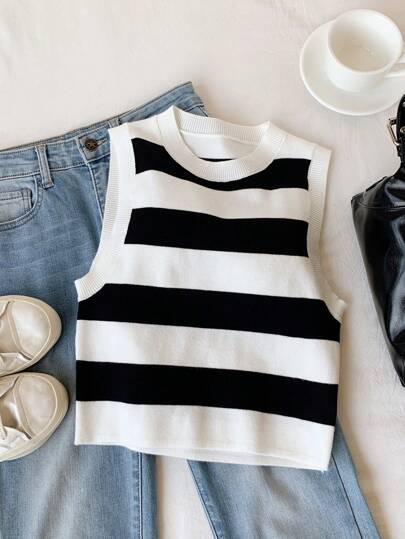 Comfortcana Striped Pattern Crop Knit Top,Tops For School