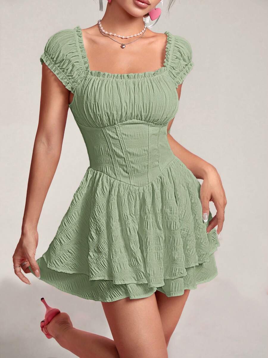 SHEIN PETITE Women Solid Color Ruched Square Collar Raglan Sleeve Pleated Mini Dress - Mint Green - View 1