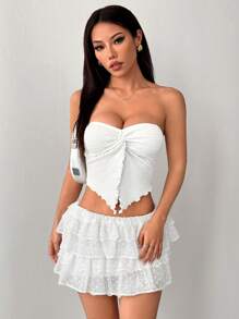 SHEIN PETITE Áo ba lỗ dệt kim họa tiết màu mơ cho kỳ nghỉ của phụ nữ với viền xoắn bất đối xứng - trắng - Xem 3