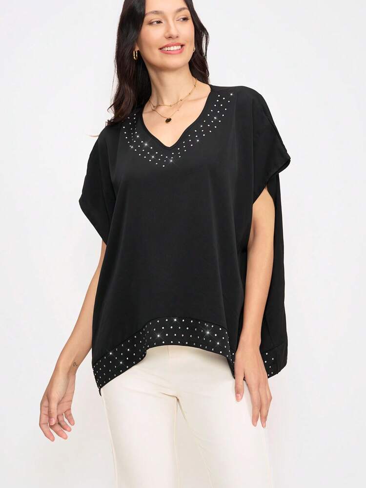 Women's Black Crystal Embellished Blouse, Suitable For Party And Social Occasions, Spring/Summer