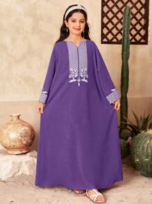SHEIN Leap Crew Tween Girl Loose Casual V-Neck Long Sleeve Vintage Pattern Dress - Purple - View 6