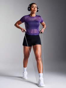 Powerista Simple Solid Color Hollow Breathable Short-Sleeved Sports T-Shirt Gym Women Shirts - Blue - View 3