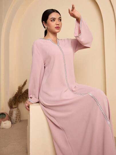 Graceveil Women's Loose Fit Solid Color Long Sleeve V-Neck Silver Decor Arabic Style Dress Modest Dresses For Women