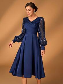 Serin Vestido elegante y lujoso para mujer, de color champagne, con lentejuelas brillantes de satén, mangas farol, cuello cruzado en V, plisado y dobladillo evasé, adecuado para que las madres asistan a bodas, fiestas y eventos de noche