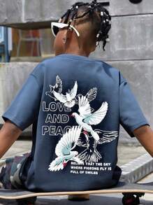 SHEIN Tween Boy Casual Crane & Slogan Graphic Dropped Shoulder T-Shirt, Simple & Comfortable Daily Summer - Dusty Blue - View 5