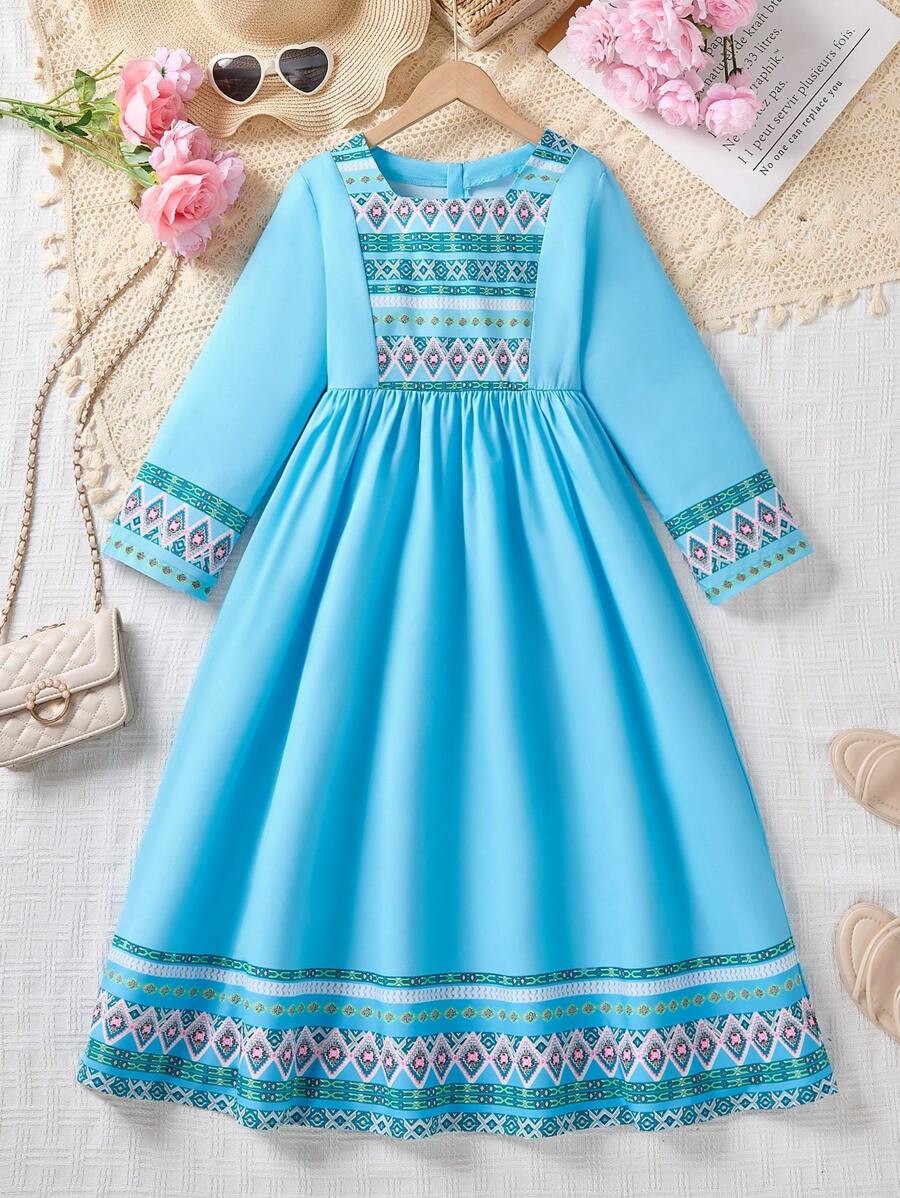 Tween Girl Floral Retro Print Long Dress - Blue - View 1