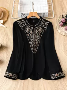 SHEIN Lacomfia Camisa casual con bordado geométrico para vacaciones en tallas grandes