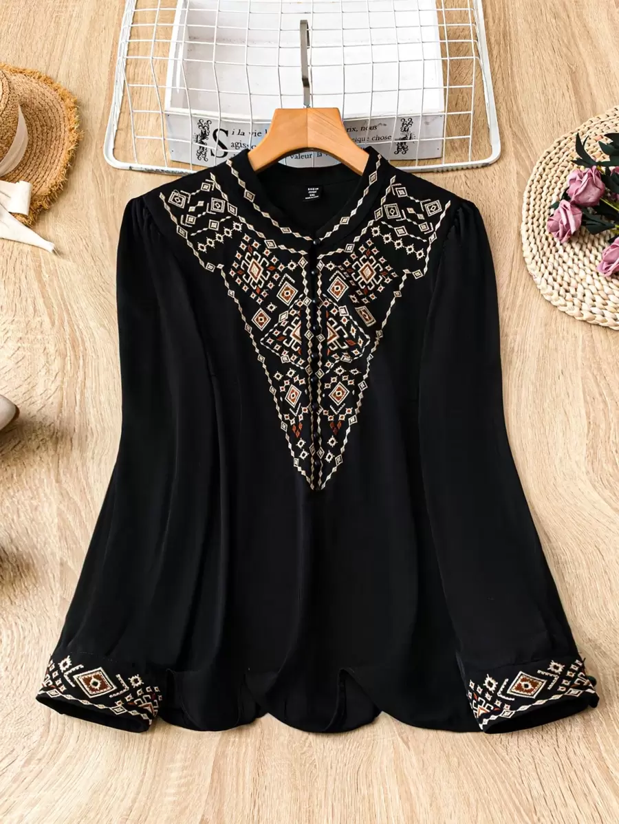 Mulvari Plus Size Vacation Casual Geometric Embroidered Shirt - Black - View 1