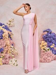 SHEIN Belle 优雅、浪漫、端庄、粉色、针织面料、不对称肩部、不对称领口、A字裙摆、褶裥装饰、后开衩、后摆翻盖、婚礼宾客、生日派对、伴娘礼服 - 粉色 - 查看 2