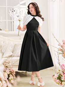 SHEIN Teen Girl Satin Stand Collar Waist-Hugging A-Line Colorblock Dress With Cap Sleeves Graduation Dress - Black - View 6