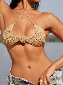 SHEIN X Sofía Suescun SHEIN Swim 女士度假性感罩衫露背上衣，适合夏季海滩 - 米色 - 查看 3