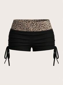 SHEIN ICON Pantaloni scurți de vară pentru femei, cu talie joasă, cu imprimeu leopard, cu șnur lateral, casual, pentru ținuta de zi cu zi - Multicolor - Vizualizare 2
