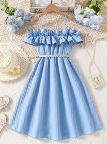 SHEIN Vintaside Kids Tween-Mädchen Lässiges, verstellbares, schlichtes, gewebtes Kleid mit Rüschen, Frühling/Sommer, Off-Shoulder