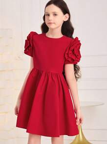 SHEIN Tween Girl Solid Color Rose Flower Ruffle Hem Zipper Short Sleeve Dress