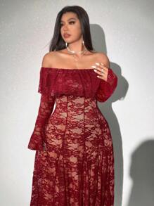 Grovea Elegant Plus Size Sexy Off Shoulder Ruffle Collar Extra Long Lace Dress Fall Cloth For Women - Red - View 3