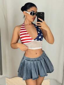 SHEIN ICON Váy mini denim ngắn thường ngày xếp ly cạp thấp cho nữ - Rửa trung bình - Xem 3