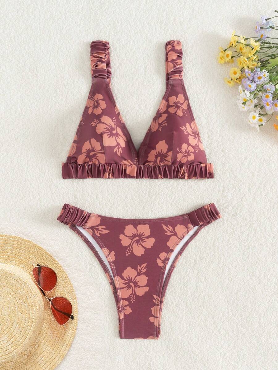 SHEIN Swim Conjunto de 2 piezas de ropa de playa de primavera para mujer: Top halter y Bottom de bikini de tiro alto con estampado aleatorio, traje de baño boho de playa para festivales - Multicolor - Ver 1