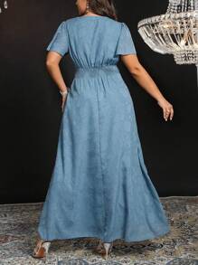 SHEIN Belle Plus Size Women Ruffle Waist Sheer Lace Trim Ruffled Sleeve Elegant Long Dress - Dusty Blue - View 2