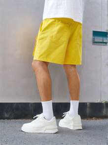 Manfinity Homme 男士休闲直筒简约牛仔短裤 - 黃色 - 查看 4