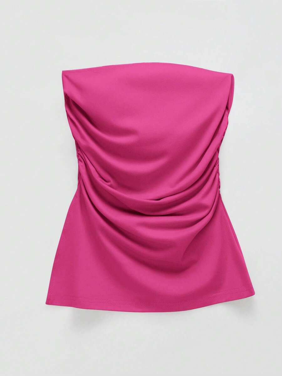 SHEIN EZwear Plus Size Black Pleated Slit Strapless Knit Stretch Top Summer - Hot Pink - View 1