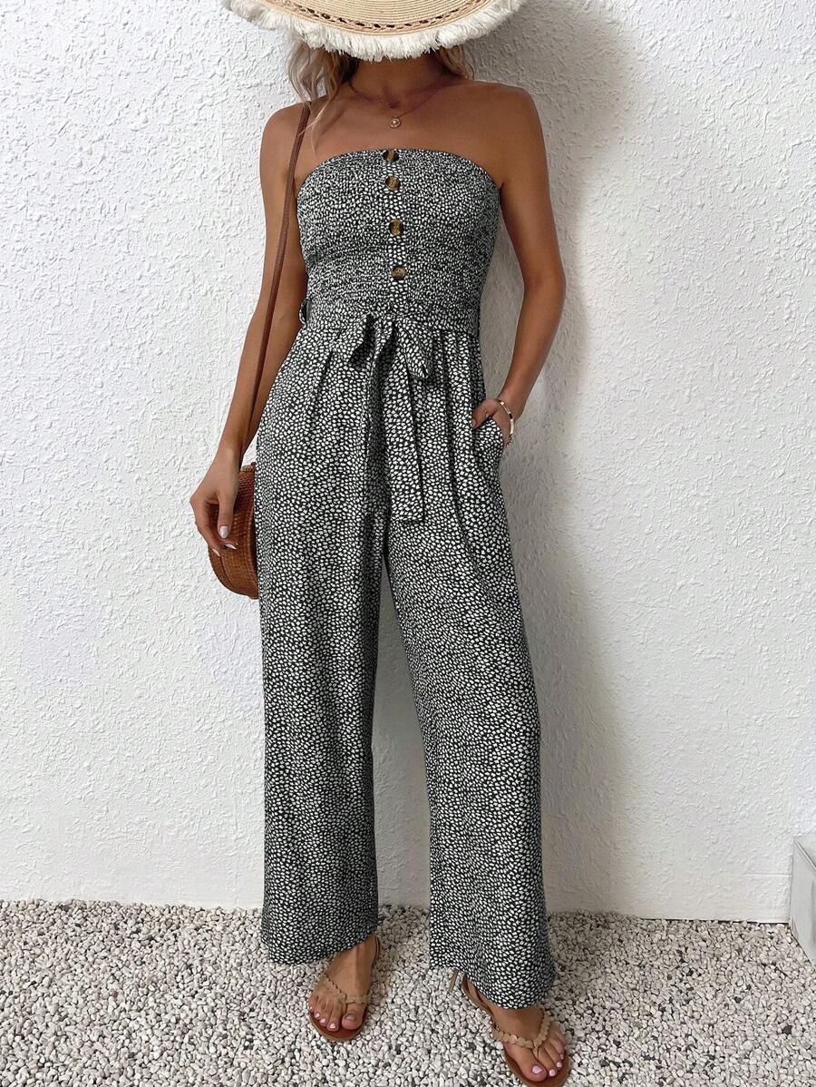 SHEIN Clasi Bộ đồ liền thân thường ngày có thiết kế nút bấm in toàn bộ dành cho nữ khi đi nghỉ - màu đen - Xem 1