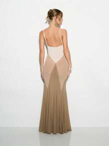 KIZN Sheer Mesh Paneled Mermaid Maxi Dress, Floor Length Elegant Gown, Special Occasion Wear, Stretch Form Fitting Dress With Sheer Detail - Multicolor - View 2