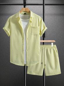 Manfinity Homme Men's Solid Color Short Sleeve Pocket Casual Shirt And Shorts Set