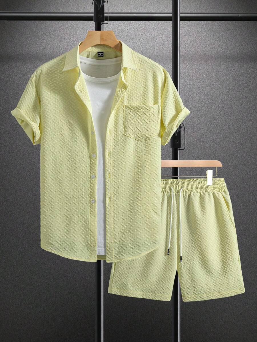 Manfinity Homme Men's Solid Color Short Sleeve Pocket Casual Shirt And Shorts Set