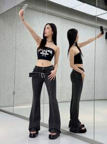 SHEIN MOD 女士性感超低腰喇叭牛仔裤，夏季女士，低腰牛仔裤，俱乐部女士性感，狂欢节，辣妹，狂欢 - 黑色 - 查看 5