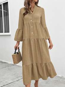 SHEIN LUNE 女式缺口领单排扣长袖休闲连衣裙长款女装 - 卡其色 - 查看 5