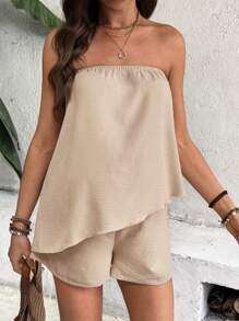 SHEIN Pregnant Women Vacation Casual Solid Color Asymmetrical Hem Bandeau Top And Shorts 2 Pieces Set - Apricot - View 3