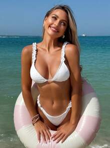 Swim Vcay Women Beach Summer 2 Pieces Bikini Set, Solid Color Textured Fabric Ruffle Frill Strap Cute Swimwear - White - View 3