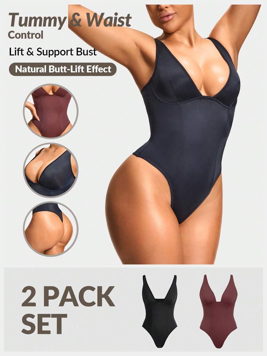SHAPORA 2 Packs Women Solid Color Sleeveless Seamless Bodysuits - Multicolor - View 1