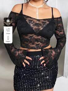 SHEIN ICON Talla grande Top de hombros descubiertos con encaje sin sujetador - Negro - Ver 6